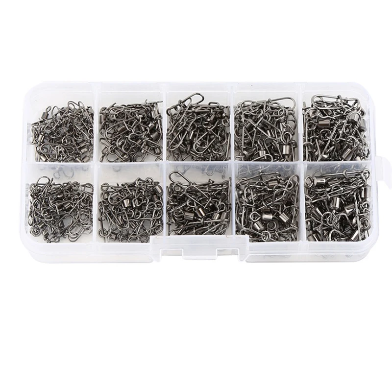

210pcs/ Box Brass + nickel Fishing Swivel Snap Ball Bearing Lock Rolling Swivel Connector hooked Snaps Pin Fishhook Tackle Kit