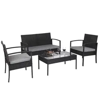 

4 PCS Outdoor Patio Rattan Wicker Furniture Set with Table Sofa Cushioned Black ,rattans garden chair , patio set .