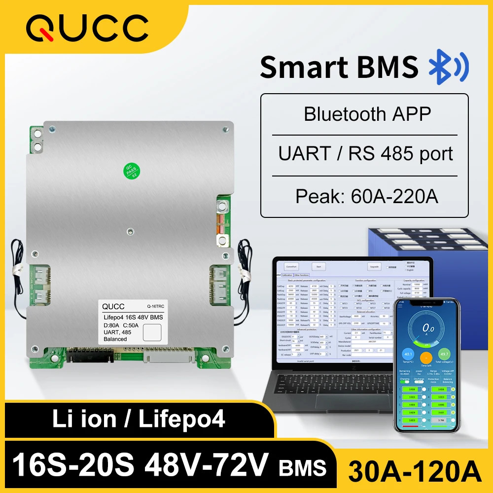 Qucc Smart bms Lifepo4 48v 16s 17s 20s 60v 72v 30A 40A 50A 60A 80A 100A Power Battery Balance Board Blutooth APP UART RS485 BT