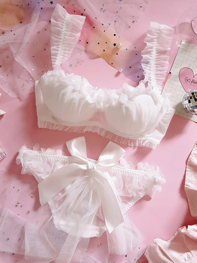Young Girl Japanese Lolita Flower wedding Bride Petal Lace Bra &amp Brief Sets Women's Ruffle Push Up Underwire Underwear Set | Женская