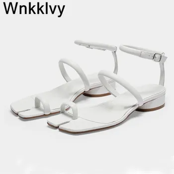 

Sandals women low heel split toe real leather shoes clip on ankle strap simple sandalies feninina summer beach shoes flip flops