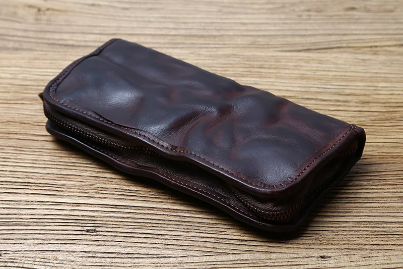 Vintage handgemachte Herren Leder Clutch Bag pflanzlich gegerbtes Leder lange Geldbörse Oberschicht Rindsleder Reißverschluss Geldbörse Kartenhalter NZPJ – Detail 6