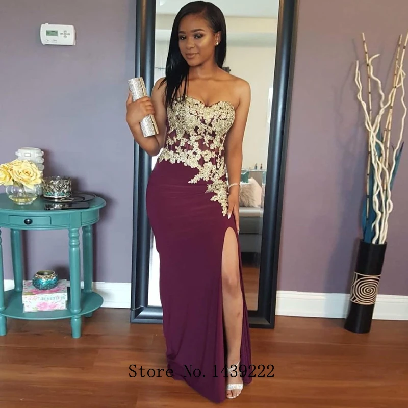 

Burgundy Sweetheart Satin Evening Dresses Slit Prom GoldeLace Appliques Beads Arabic Vestidos De Fiesta Robe De Soiree Plus Size