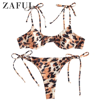 

ZAFUL Leopard Tie Shoulder Underwire Bikini Set Women Low Waisted Spaghetti Straps Bathing Suit Ladies Padded Swimsuit Sexy