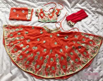 

India Dance Sarees For Girl Stage Performance Lehenga Choli Four Pieces Children Embroideried Sets Top+Skirt+Pants+Scarf