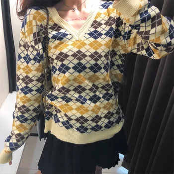 

Elgland Plaid Oversized Pullover Sweater Women 2019 Autumn Winter Thick V Neck Loose Knitted Sweaters Winter Tops Jumpers P-077