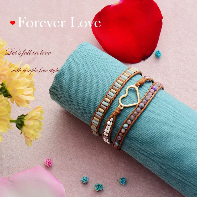 Heart Shape Wrap Bracelet W/ Stones Natural Tourmaline Crystal Weaving Statement Vegan Bracelet Bestfriend Sister Gifts