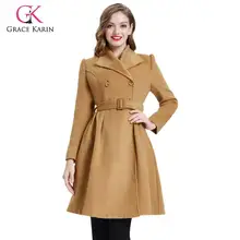 Grace Karin Женское пальто с воротником с лацканами, шерстяное длинное пальто с поясом, Ретро стиль, приталенное пальто, верхняя одежда, зимнее пальто для женщин
