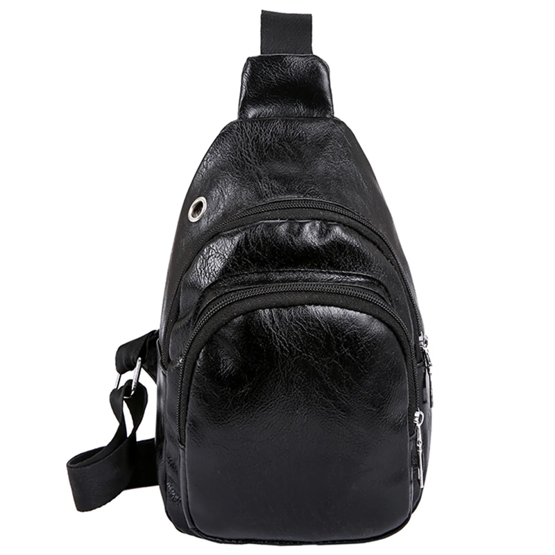 

ABZC-Men'S Chest Bag Men Leather Chest Pack Usb Backbag With Headphone Hole Functional Travel Organizer Male Sling Bag Black