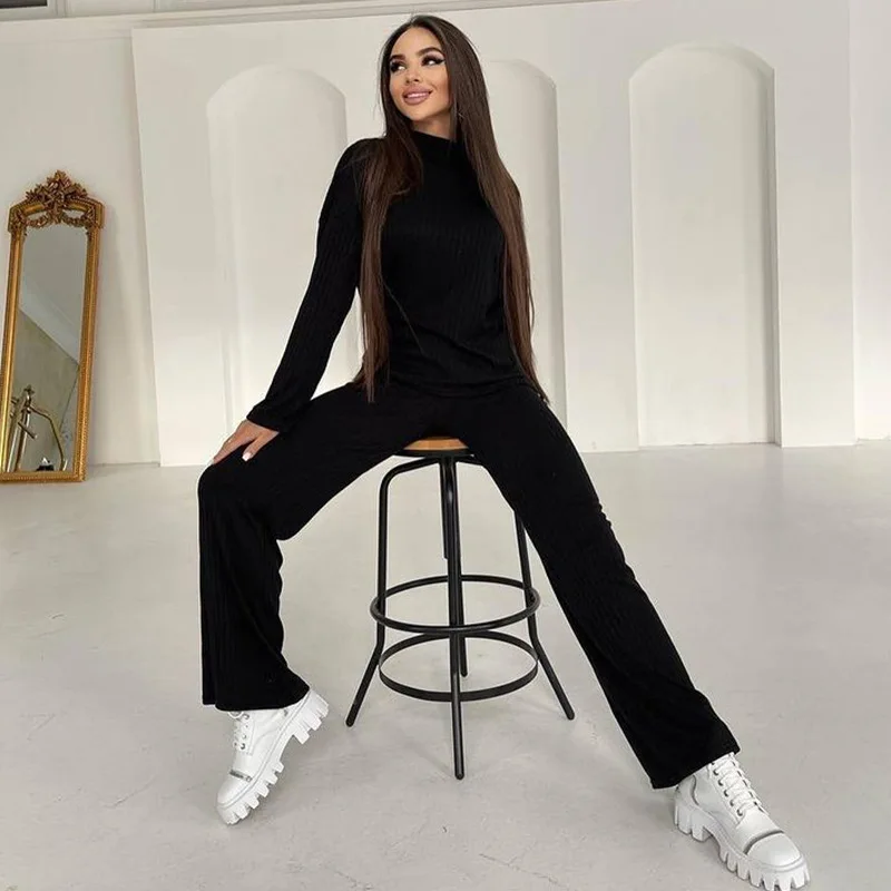 Fashion 2022 Spring 2 Pieces Women Sets Knitted Sweater Tracksuit Pullovers Wide Leg Pants Suits Black White Streetwear Outfits short suit set Suits & Blazers