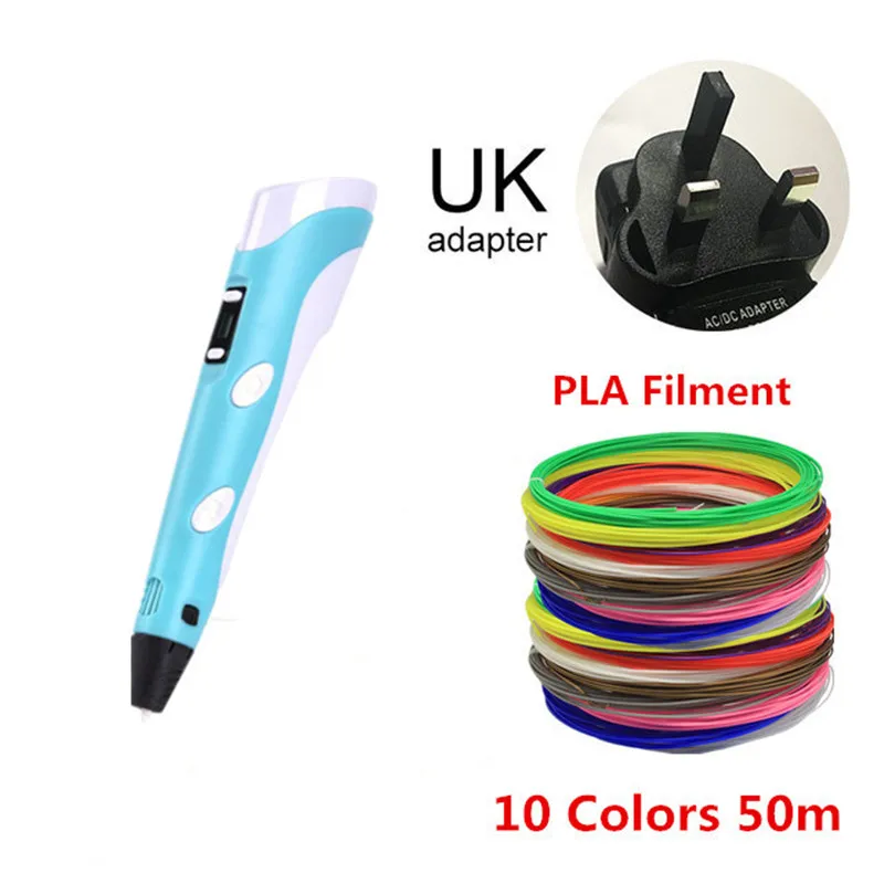 3D Ручка, 3D принтер для рисования, ручка для детей, USB зарядка, 1,75 мм, PLA нити для заправки, 20 цветов, ЖК-дисплей, 3D Ручка для рисования - Цвет: UK BLUE 50M
