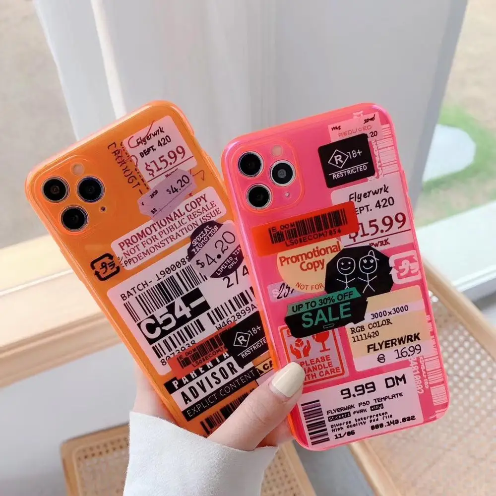 

Fluorescent Case For iPhone 11 Pro Max SE 2020 X XR XS Max 7 8 Plus Letter Label Soft TPU Clear Back Cover