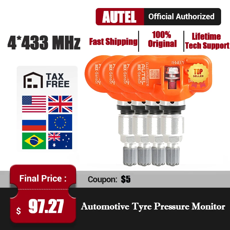 Autel MX-Sensors 4PCS 433 MHz Autel Sensors Tyre Analysis work with TPMS PAD TS401 TS601 100% Clone-able and 98% Coverage