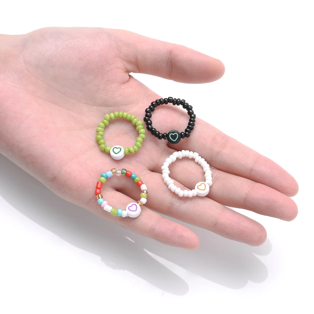Ethnic Charm Heart Elastic Knuckle Rings For Women Candy Color Resin Beads Stacked Rings Hand Accessories