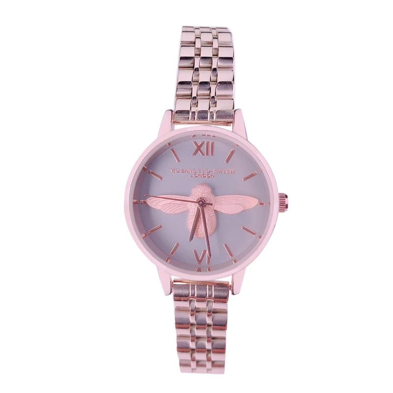 Модные высококачественные женские часы, Кварцевые водонепроницаемые часы из нержавеющей стали с маленькой Пчелкой, классические женские часы