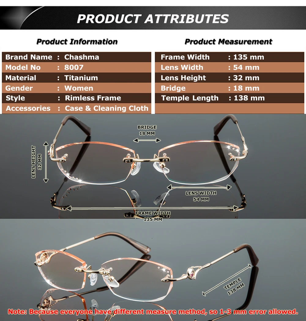 Side view of Women's Diamond Rimless Titanium Frame Eyeglasses 8007