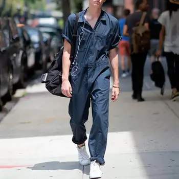 

Mens Tracksuit Casual Men Jumpsuits Solid Loose Safari Style Men Suit Short Sleeve Long Pants Male Pockets Outwear Zipper Style