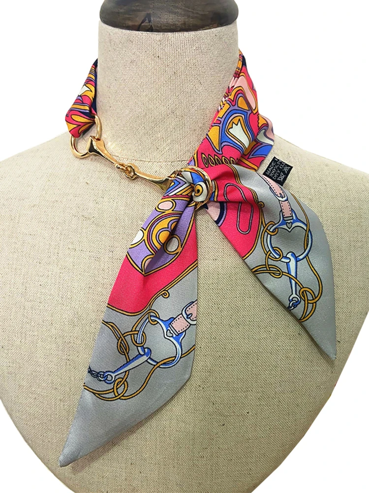 95cm*5cm Pink Silk Scarf For Women Letter chain Printed Handle Bag Ribbons  Brand Fashion Head Scarf Small Long Skinny Scarves