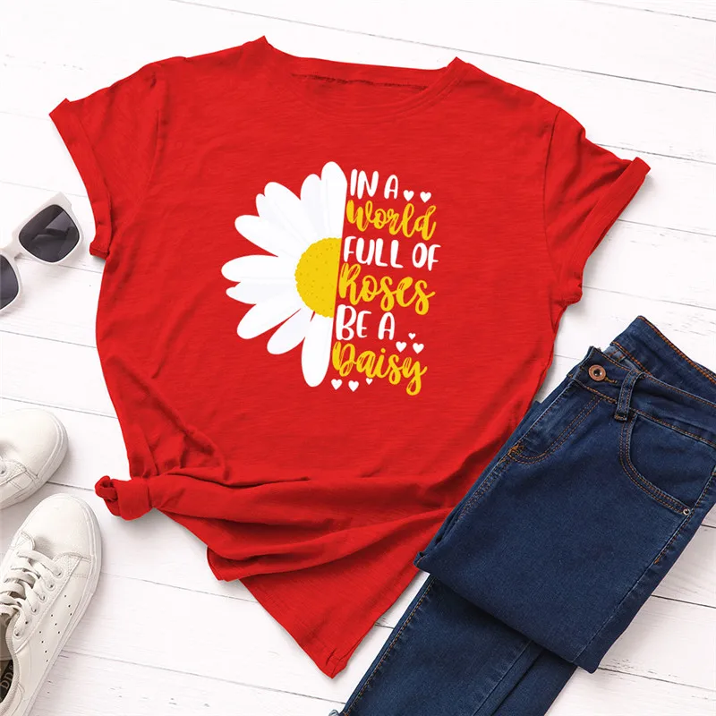 Summer S-5XL Plus Size T Shirt Women Cute Daisy Print T-Shirt 100%Cotton Women Tshirts O Neck Short Sleeve Tee Oversized Tops