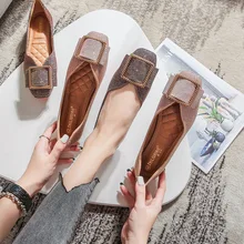 Блестящие балетки с блестками женские мокасины с квадратной пряжкой, с закрытым металлическим носком, на плоской подошве, с v-образным вырезом, для медсестры, zapatos de mujer, размеры 34-43