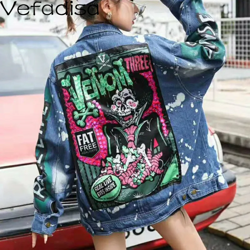

Vefadisa Autumn Woman Skulls Pattern Cowboy Coat Full Sleeve Single Breasted Coat Turn-down Collar Streetwear Coat 2019 QYF187