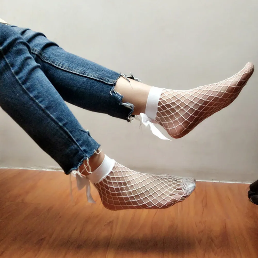 Пикантные белые сетчатые носки в дырочку носки в сеточку с милым бантом для женщин и девочек сетчатые кружевные короткие носки в сеточку