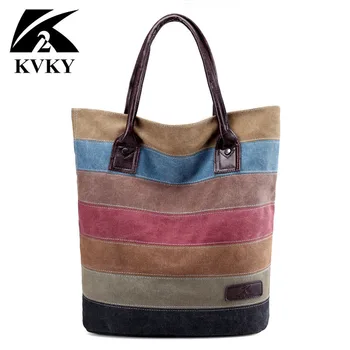 

2019 New Arrival KVKY Large Capacity Strip Patchwork Color Handbags Canvas Bag Stitching Shoulder Portable Package for Women