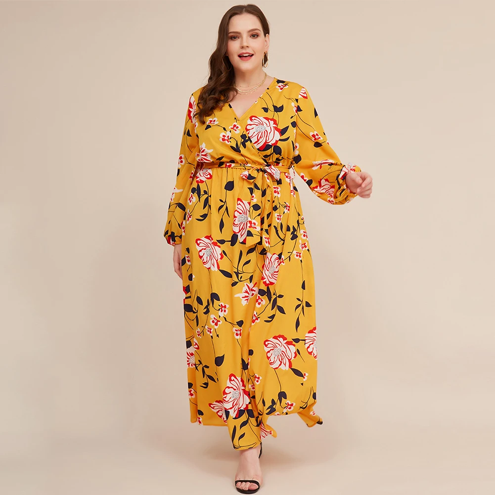 2019 Autumn Winter Large size Slim Party Dress Women Full Sleeve V neck High Waist Floral Print Female vestidos Plus Size | Женская