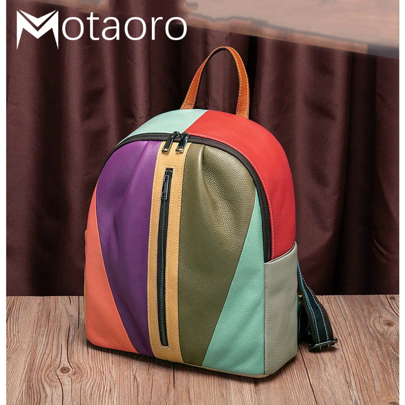 

Fashion Genuine Leather Backpack Multicolor Women Backpacks For Girls Patchwork Backpack High Quality Female Back Pack Bags 2020