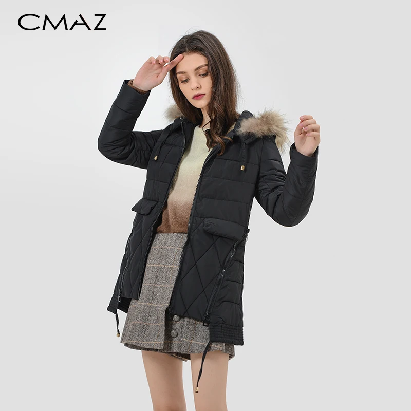

CMAZ 2019 winter soild Fur collar down jacket fashion long sleeves with hat causal Women's down jacket MP19D8864