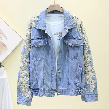 

Spring New Korean Loose Ladies Jeans Jacket Vintage Embroidery Pearls Beading Casual Denim Jacket Women Basic coat Streetwear