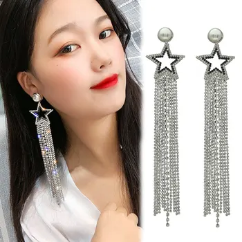 

Ataullah Long Tassel Drop Earrings Shiny Full Rhinestone Crystal Dangle Pearl Earrings Statement Jewelry for Women Party EW084
