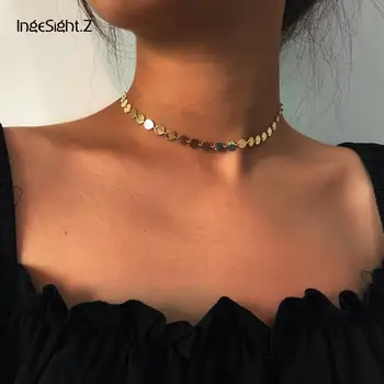

IngeSight.Z Simple Minimalist Copper Sequins Short Choker Necklaces Statement Gold Color Collar Necklace for Women Jewelry Gift