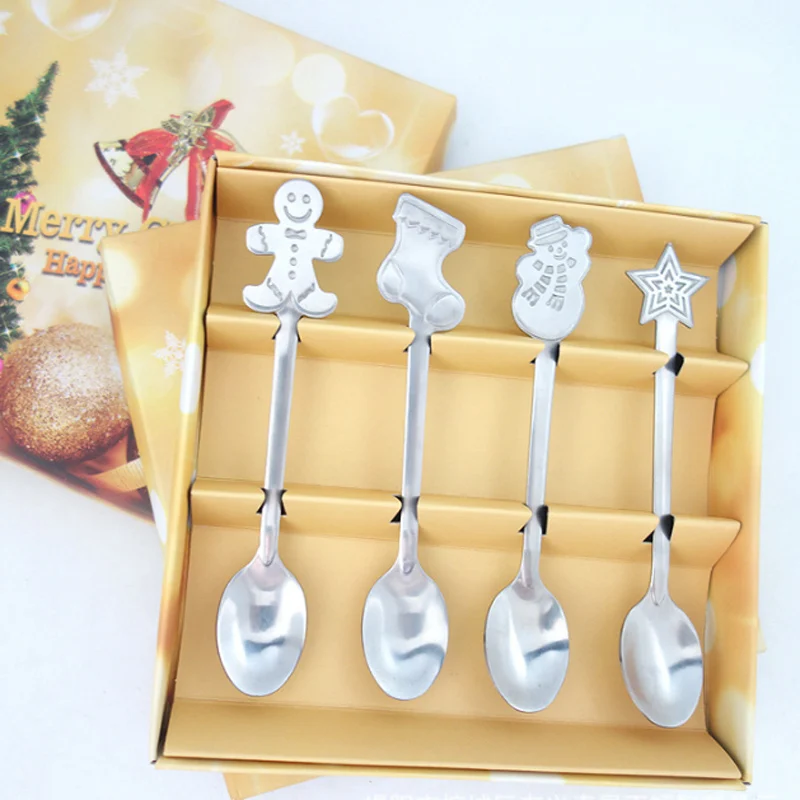 

4pcs/1Set Christmas Style Teaspoon Christmas Cutlery Flatware Decor Accessories Stainless Steel Coffee Dessert Ice Cream Spoon