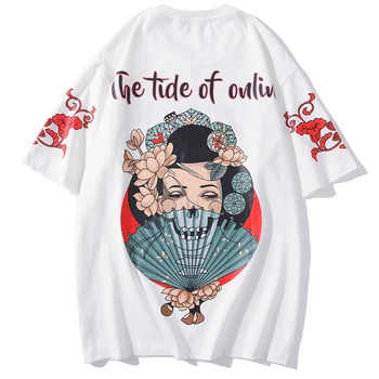 

Women Mens Japanese Geisha Ukiyo-e Crane Flower Mount Fuji Tee Shirts Streetwear Harajuku Casual Hiphop Tshirts Men Top Male