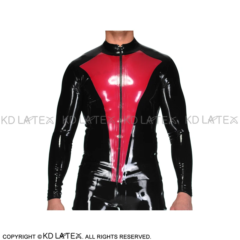Черный с металлическими красными щитами форма спереди сексуальный латексный пиджак на молнии и резиновое пальто Топ YF-0180