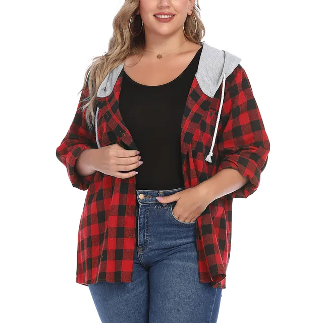 JAYCOSIN 2021 New Womens Plus Size Plaid Hoodie Long Sleeve Shirt Jacket Button Down Casual Shirts Comfy