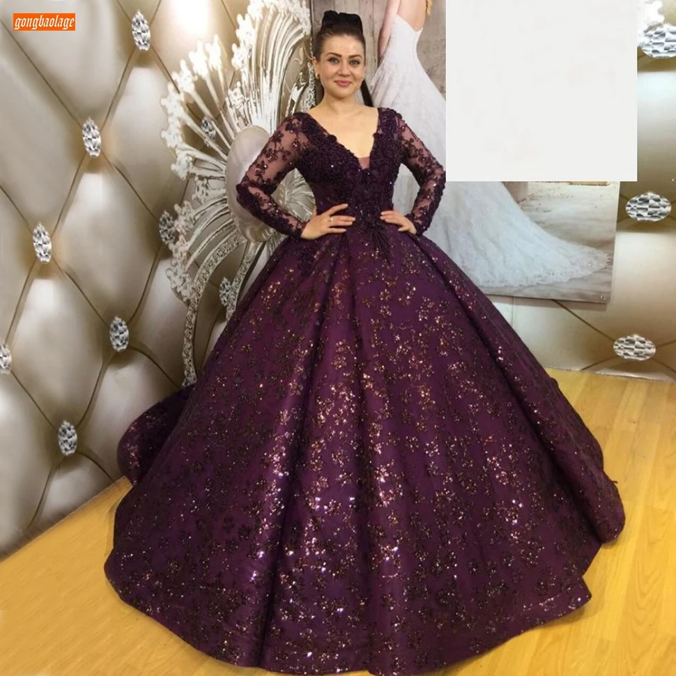 Dubai Purple Evening Gowns Lace Long Sleeves Beaded Ball Gown Women