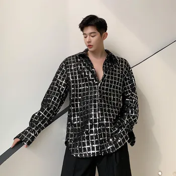 

Stage Clothing Men Women Sequins Casual Long Sleeve Shirt Male Retro Fashion Streetwear Hip Hop Dress Shirts Coat