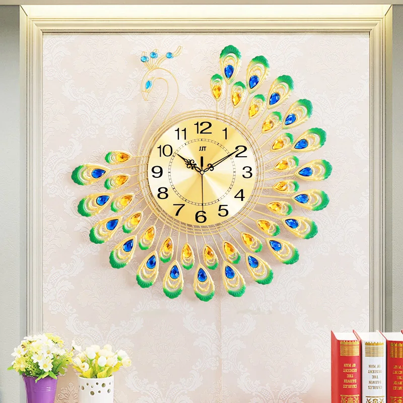 60x60cm Large 3D Gold Diamond Peacock Wall Clock Metal Watch for Home Living Room Decoration DIY Clocks Crafts Ornaments Gift | Дом и сад
