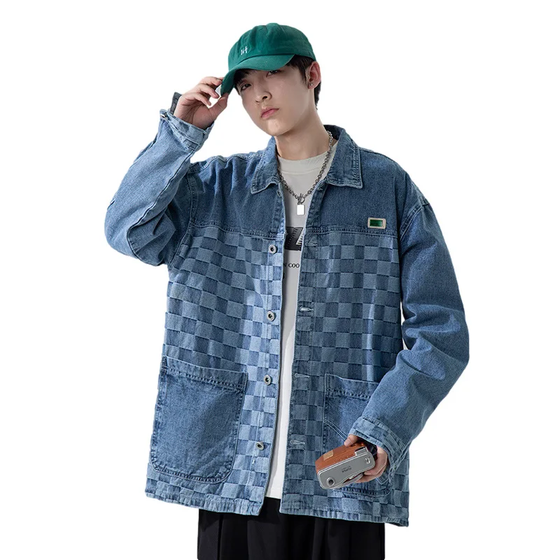 2021New Autumn Men's Blue Denim Jacket Korean Plaid Printed Streetwear Loose Coat Hip Hop Fashion Harajuku Male Clothing Jackets 1