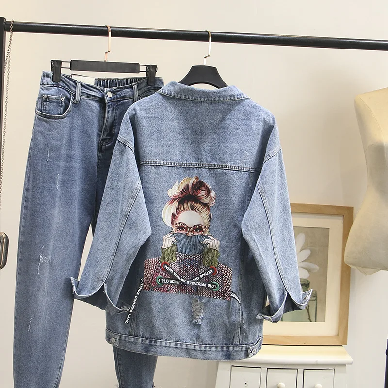 

2019 Autumn New Style Fashion Back Printed Washing with Holes Jeans Coat Loose-Fit Short Tops Women's