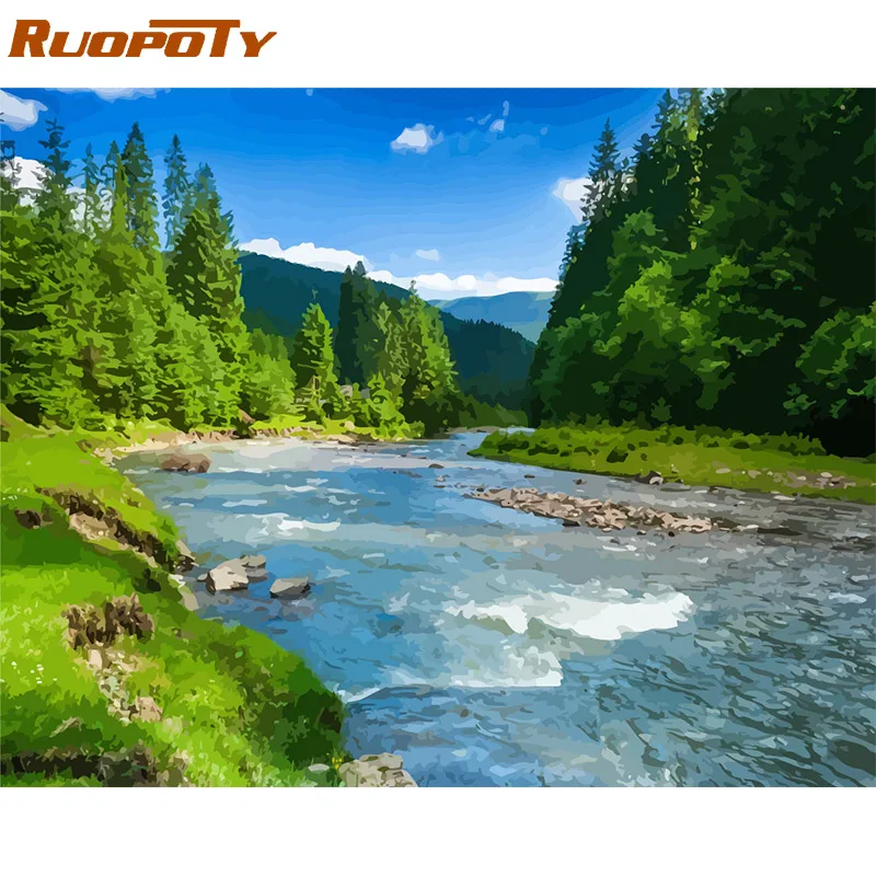190814-12 RUOPOTY рамка горное озеро Сделай Сам картина по номерам пейзаж Ручная роспись маслом Современный домашний настенный художественный холст живопись искусство - Цвет: 190814-12