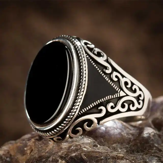 30 Styles Vintage Handmade Turkish Signet Ring For Men Women Ancient Silver Color Black Onyx Stone Punk Rings Religious Jewelry Style2