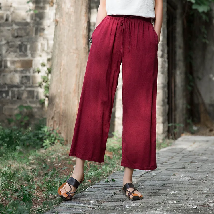 Johnature 2020 Autumn Women New Retro Elastic Waist Cotton Linen Lace Up Wide Leg Pants Loose Casual All-match Ankle-length Pant