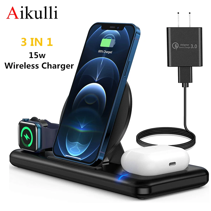 Aikulli Wireless Charger 3 in 1 Fast Wireless Charging Stand for iPhone 12 11 XR XS X 8 Apple Watch 6 5 4 3 2 Airpods Pro Charge