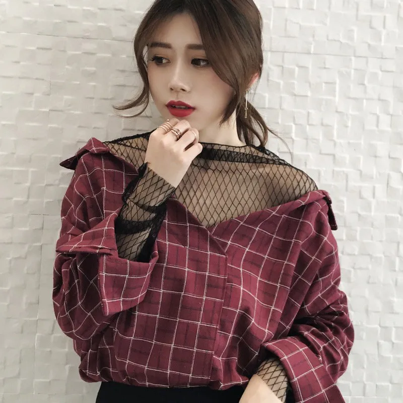 

Fashion Sexy Mesh Stitching Women's Shirt Loose Mesh Stitching Simple Tops All-match Plaid Pattern Long-sleeved Tops