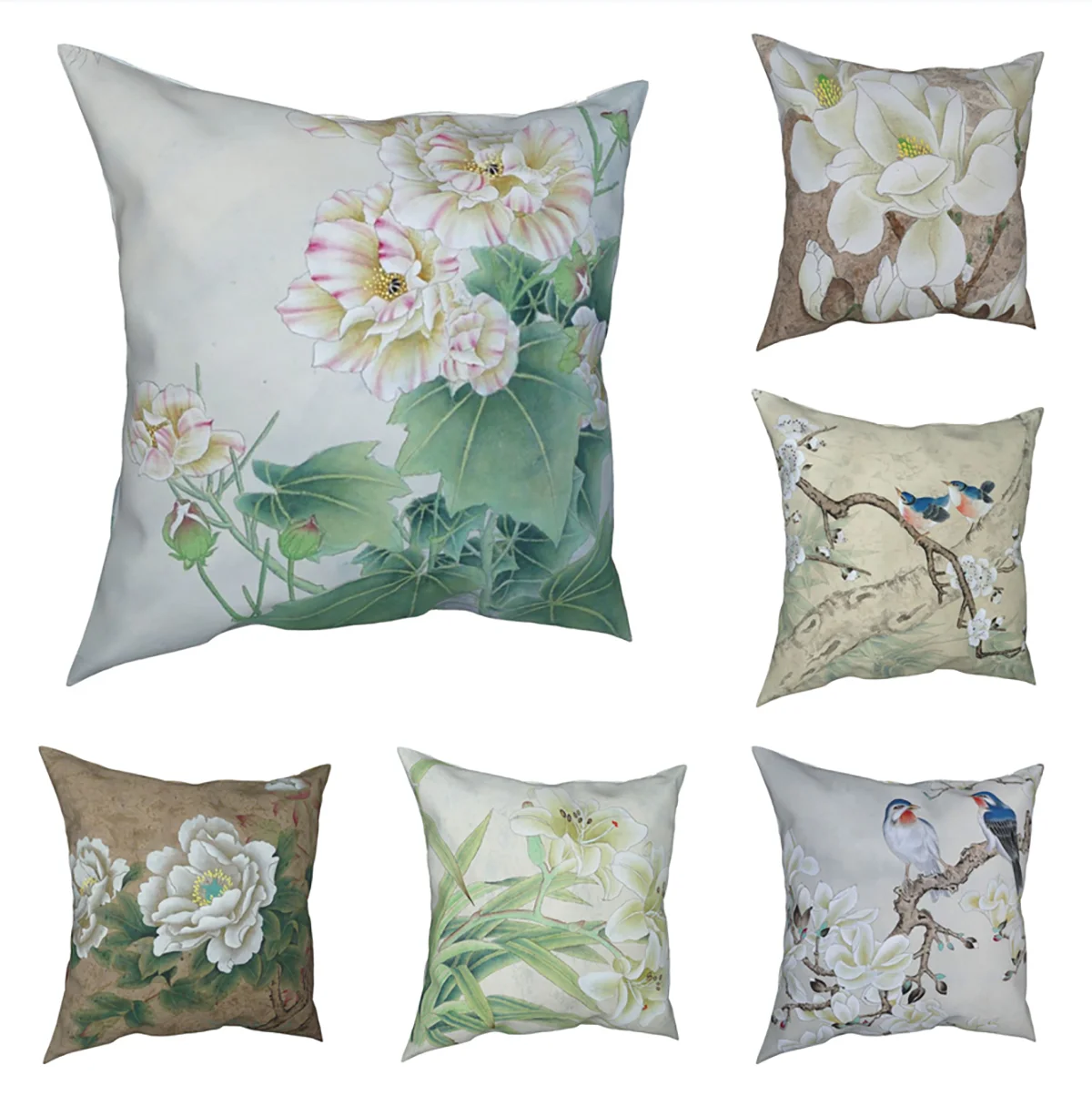 

Chinese Ink Flower Printed Pillowcases Room Gongbi Watercolor Flora Cushion Case Home Decoration Throw Pillow Case 40*40cm