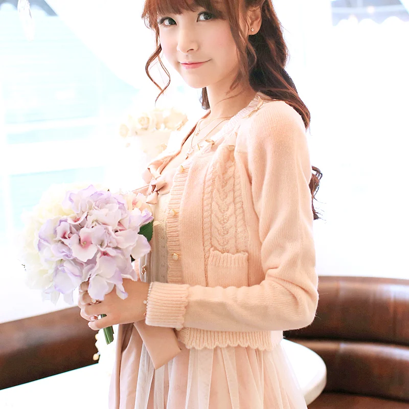 

Autumn and winter sweet jacquard mesh bow knitted jackets sweaters cardigans
