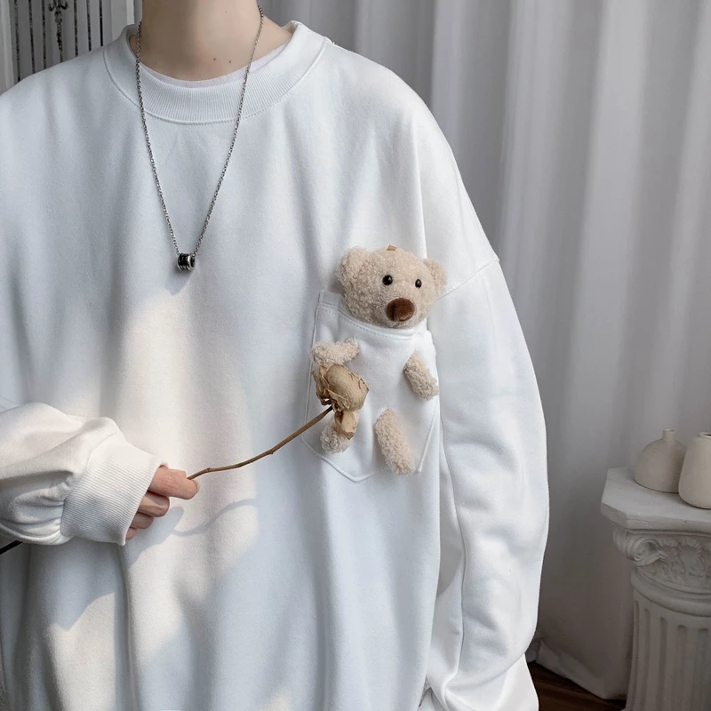 No Hat Hoodies Men Patchwork Teddy Bear Cute Round Neck Soft Couples  Sweatshirts Long Sleeve Korean Style All-match Autumn Chic - Hoodies \u0026 ...